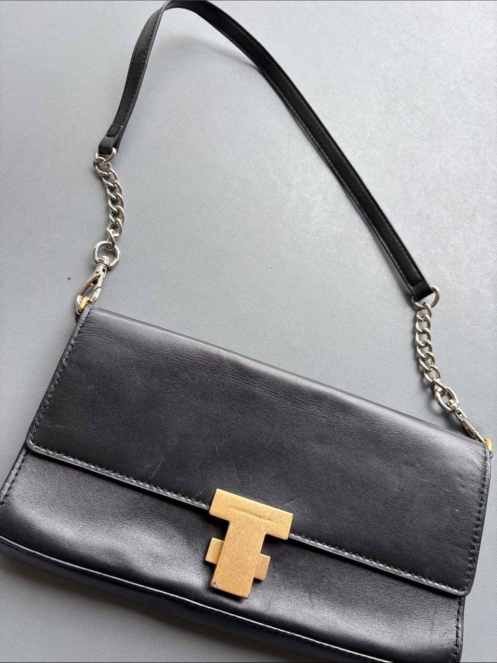 Tory Burch Black Leather Shoulder Bag with Gold Hardware